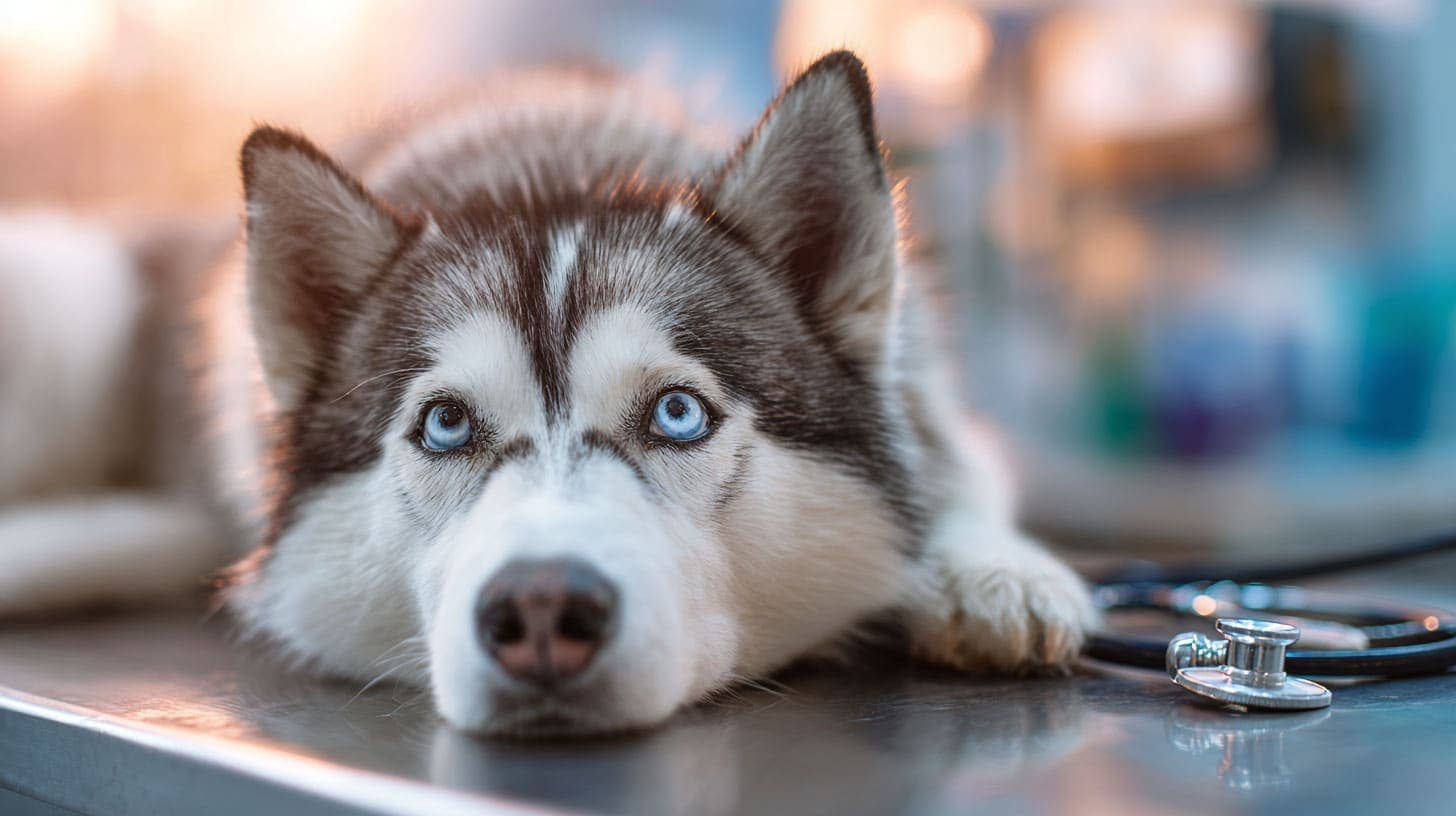 Siberian Husky with bright blue eyes on veterinary examination table with stethoscope nearby