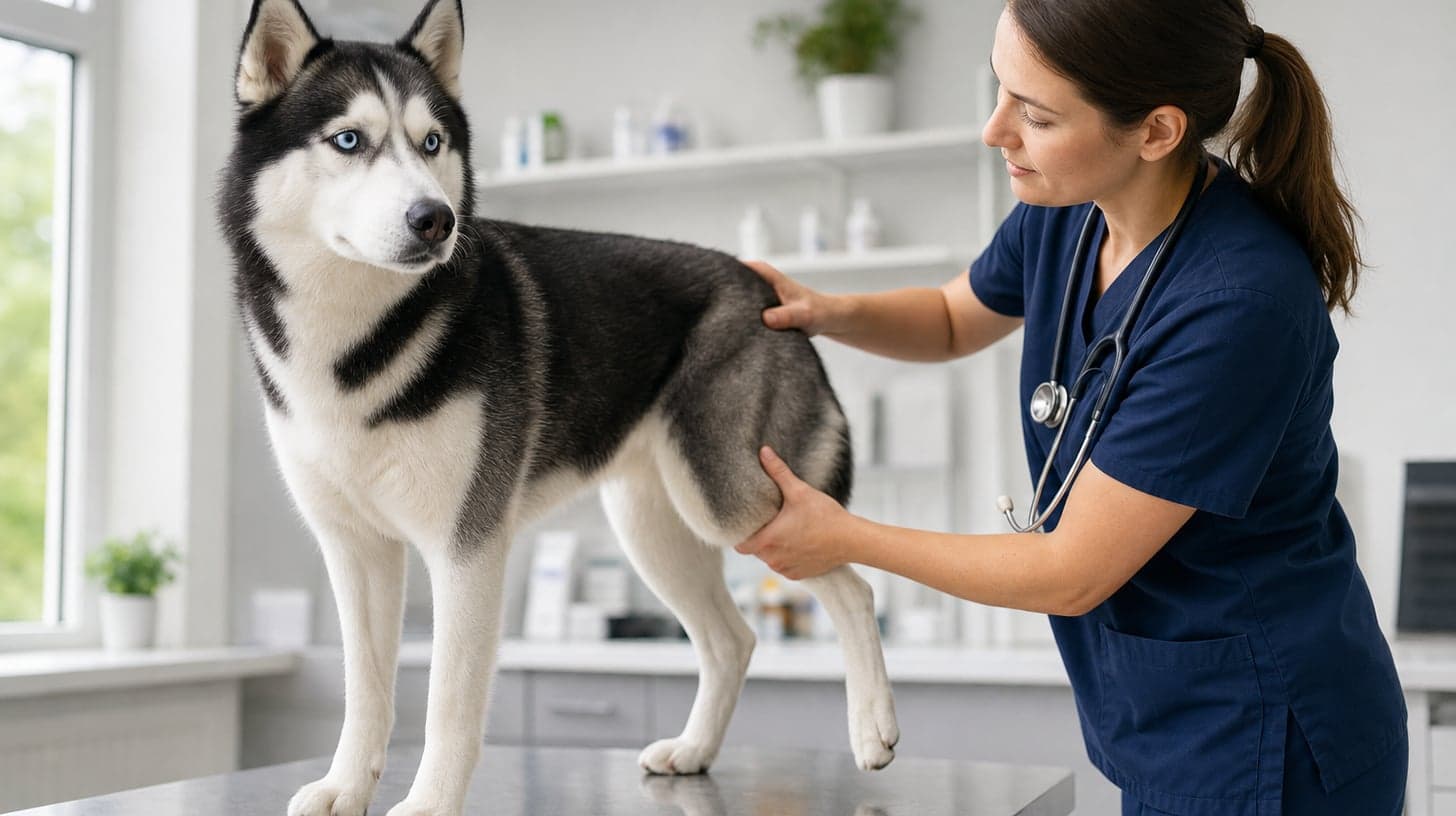 A veterinarian gently examining the hip and hind leg of a Siberian Husky during a checkup