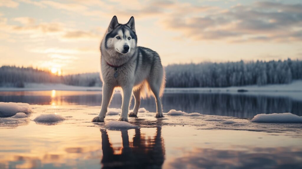 husky at the edge of a frozen lake