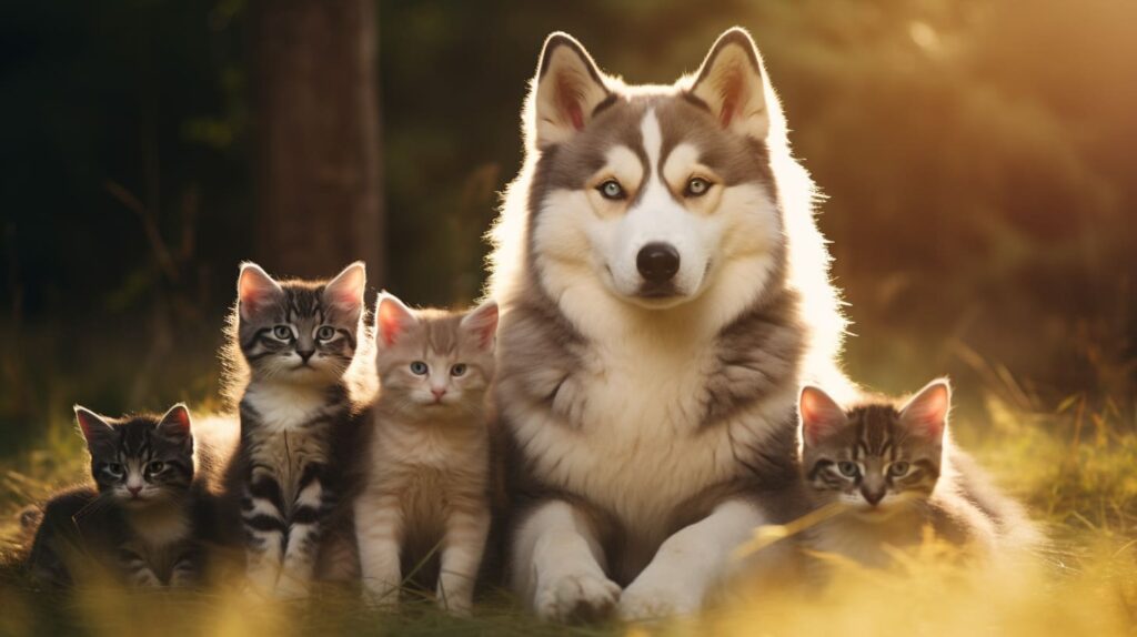 husky sitting calmly with kittens