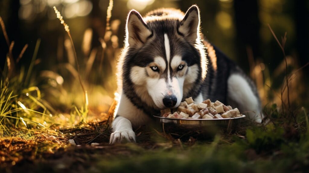 husky eating outdoors