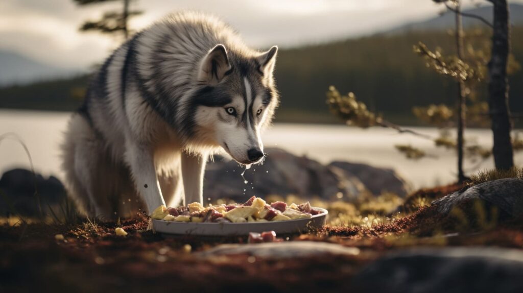 husky eating outdoors by the lake