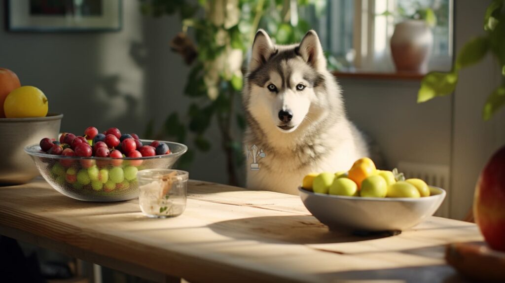 husky looking at fruits on a kitchen table