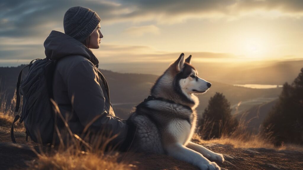 husky sitting calmly with owner