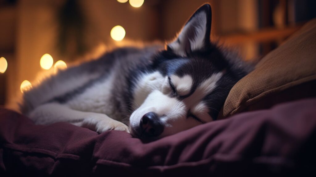 husky sleeping on a bed