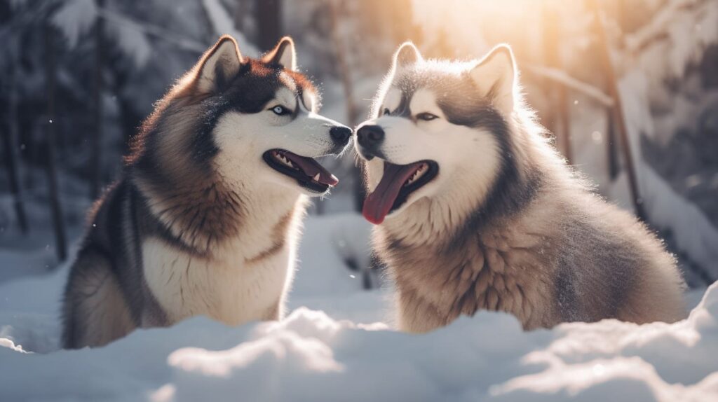 malamute and husky in the snow