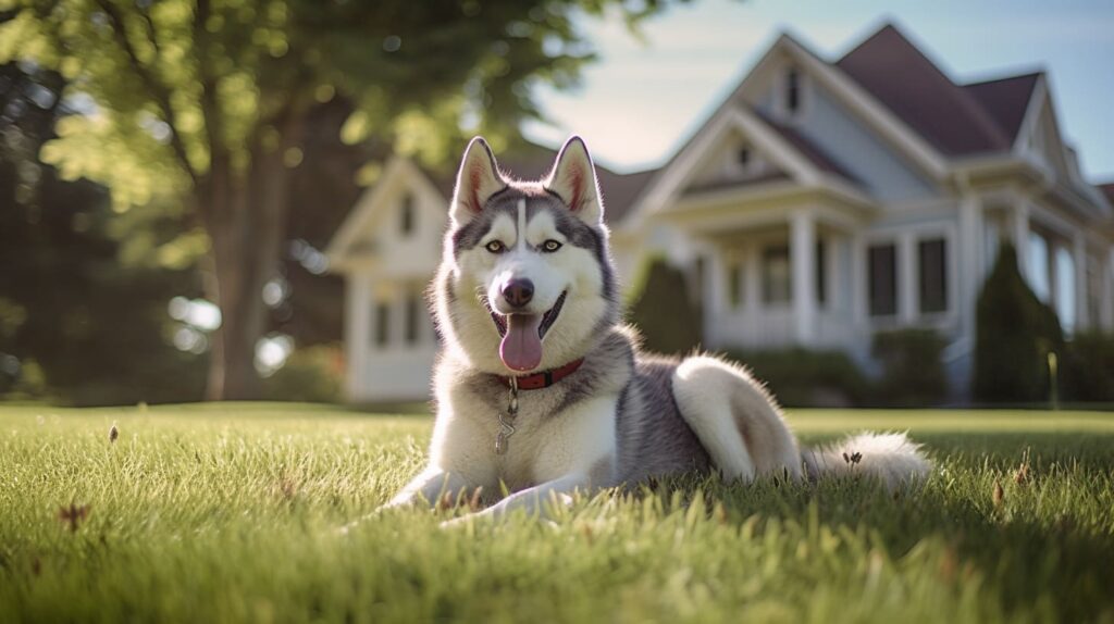 husky on front lawn